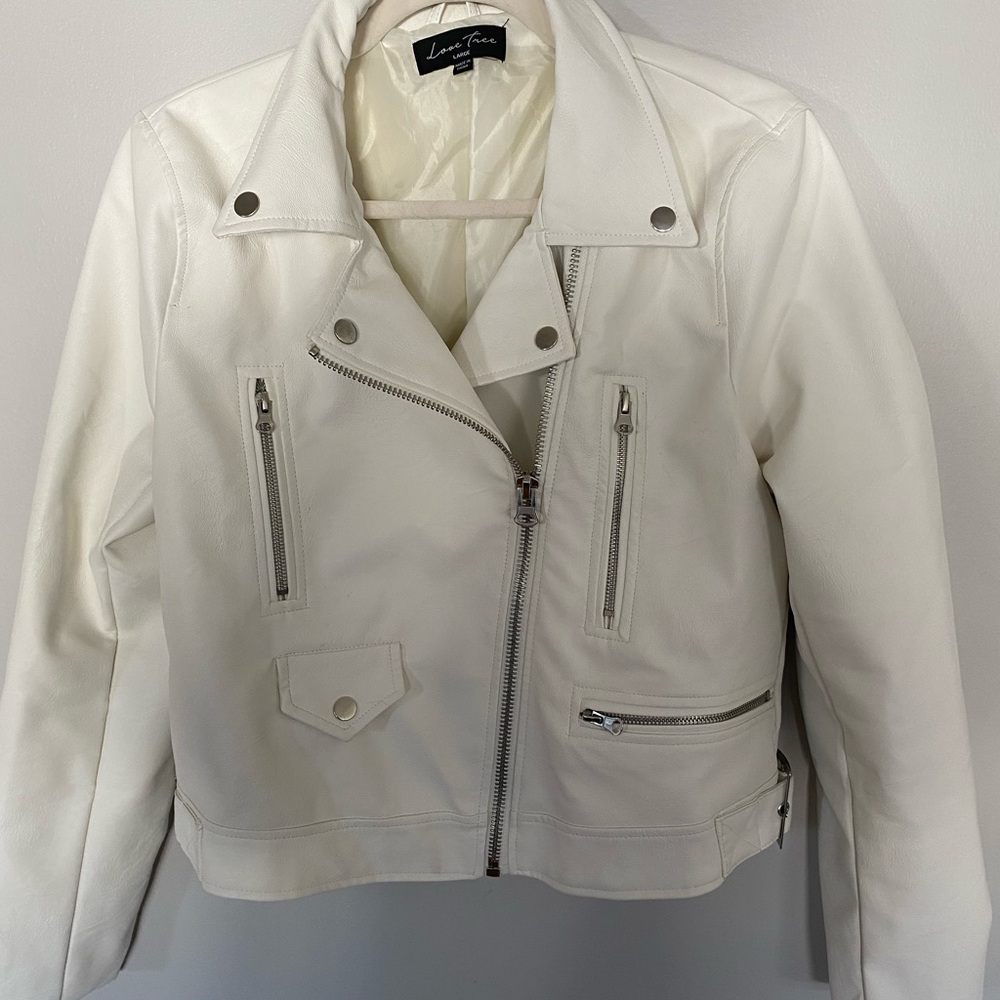 Love Tree White Vegan Faux Leather Moto Jacket